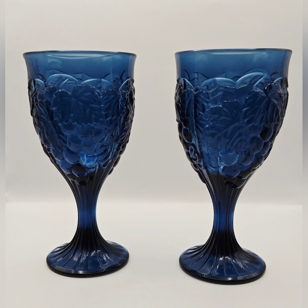 Indiana Glass Colony Harvest Grape Cobalt Blue Goblets Set of 2 Vintage